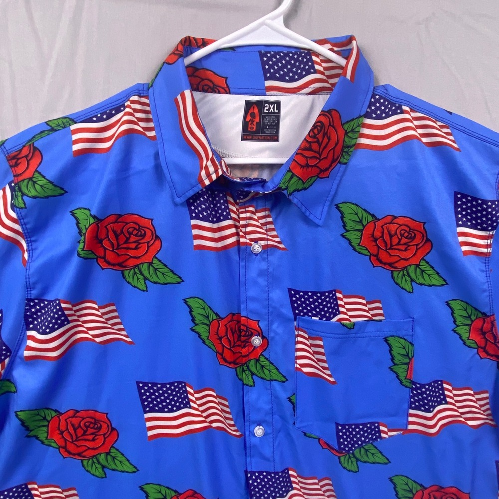 OAF Nation American Flag Rose Button Down Shirt Mens 2XL Blue Stretch Patriotic